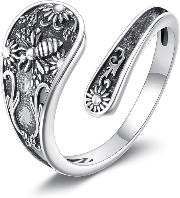 URONE Hummingbird/Bee/Scorpion/Moon Phase Spoon Ring Sterling Silver Thumb Ring Vintage Jewelry Gifts for Women