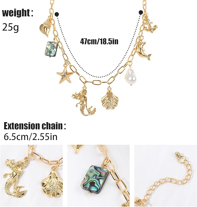 [3 Trendy Styles] Women's Necklaces - Alloy with Glass Crystals & Pearls, Electroplated O - Link Chain, Mermaid Inspired by Fantasy Aesthetics/Bow with Y2K Sweet Charm/Cherry Fruit in the Latest Kawaii Vibe, 47cm(18.5in) Chain Length + 6.5cm(2.55in) Ex...