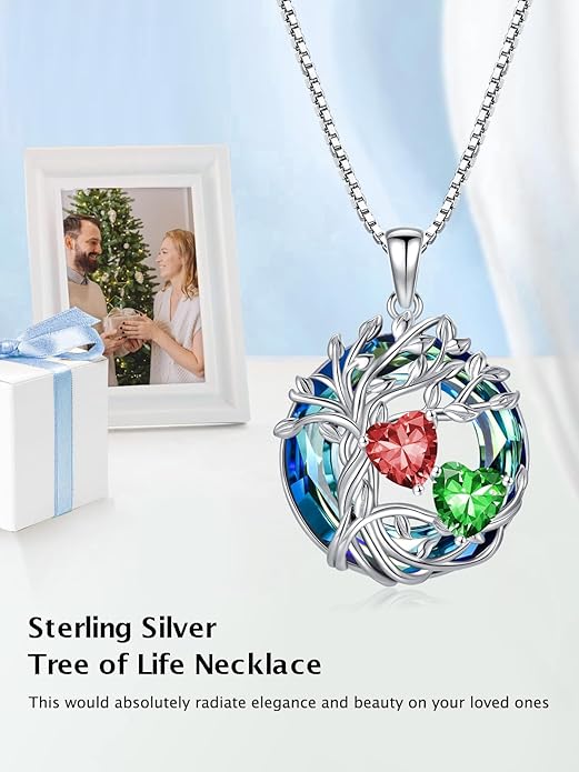 TOUPOP s925 Sterling Silver Family Celtic Tree of Life Pendant Necklaces with 2 Heart Birthstone with Blue Austrian Crystal Jewelry Birthday Valentines Day Gifts for Her, Anniversary Christmas Gifts for Wife Girlfriend Mom (18K Real White Gold Filled)
