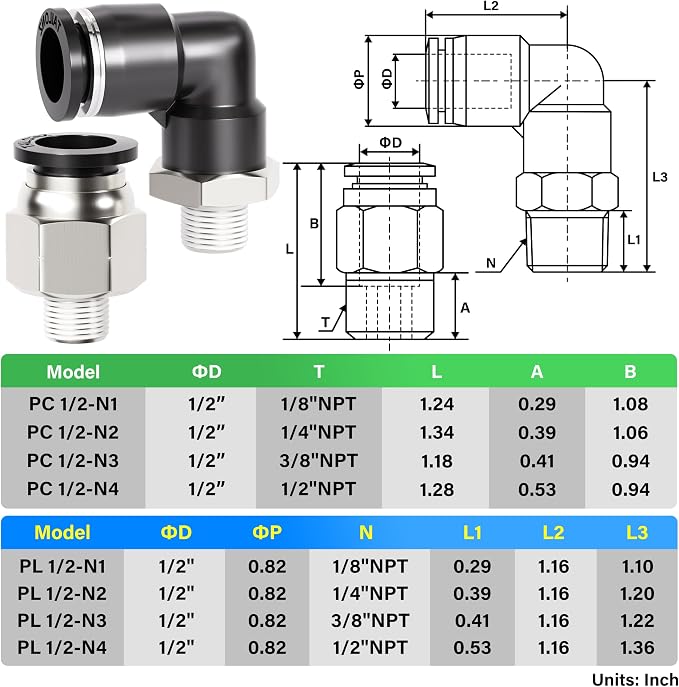 TAILONZ PNEUMATIC Elbow and Straight Combination 1/2 Inch Tube OD x 1/4 Inch - Image 2