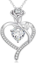 LOUISA SECRET Rose Flower Heart Birthstone Necklaces for Women, 925 Sterling Silver Fine Jewelry, Pendant Heart Necklaces Birthday Anniversary Christmas Gift for Women Wife Mom Girlfriend Lady
