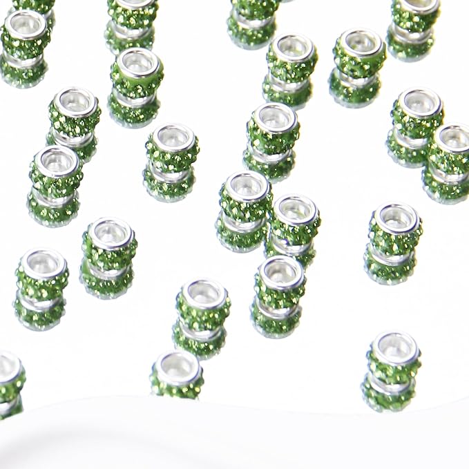 60Pcs Rhinestone Large Hole Beads Spacer Beads Green European Craft Big Beads Large Hole Rhinestones Lampwork Murano Bead Fairy Wand Garden Beads for DIY Bracelet Necklace Jewelry Making Supplies