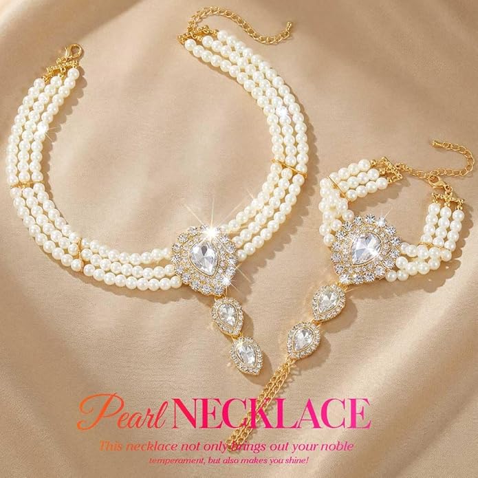 Brishow Pearl Choker Necklaces Set Green Crystal Bridal Jewelry Sets for Wedding Layered Pearl Costume Jewelry Bracelets Set for Women
