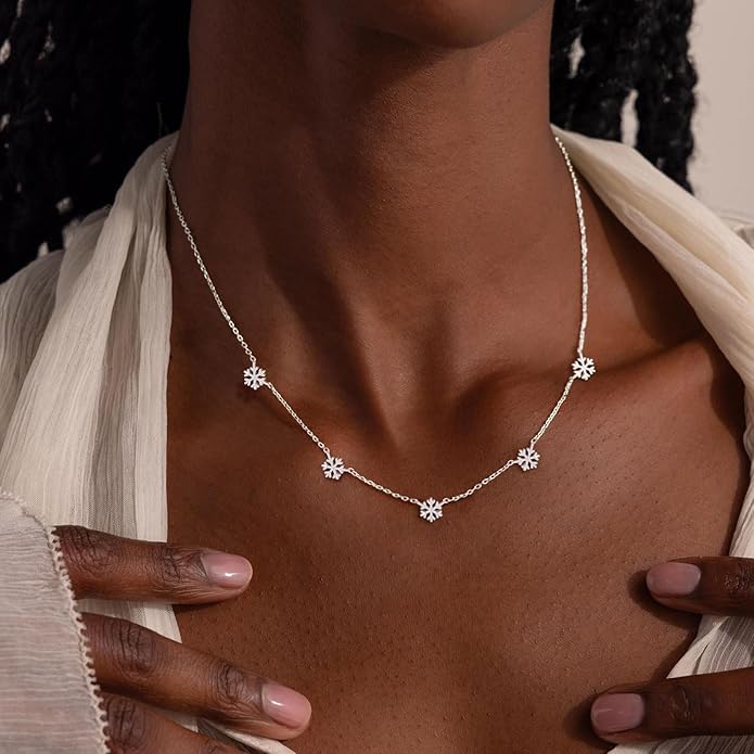 VRIUA Necklaces for Women - 14K Gold/Silver Plated Dainty Chain Necklace with Five Charms: Diamond, Bow, Snowflake, Cross, Flower, Clover, Butterfly, Heart, Star of David, and Star Trendy Jewelry