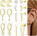 Dochais Flat Back Cartilage Earrings for Women Trendy Dainty CZ Flatback Studs Earing Sets 14k Gold Plated Hypoallergenic Huggie Hoops Earring Stacks for Multiple Piercing