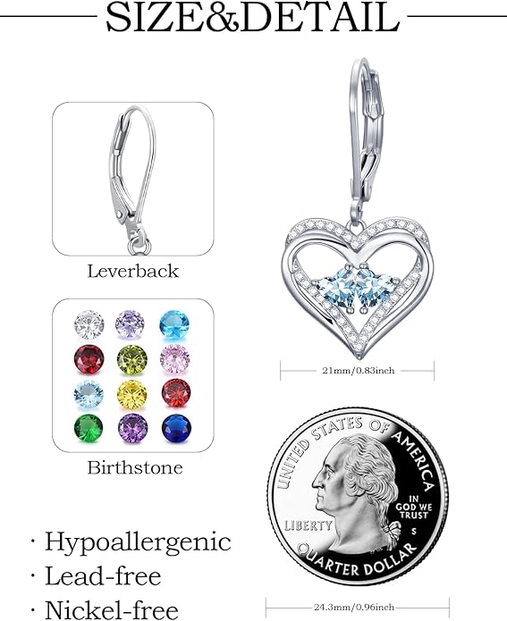 Valentines Day Gifts for Women, Heart Leverback Earrings Double Birthstone Dangle Earrings for Women, Love Jewelry for Her, Anniversary Birthday Gift for Mom Wife Girlfriend