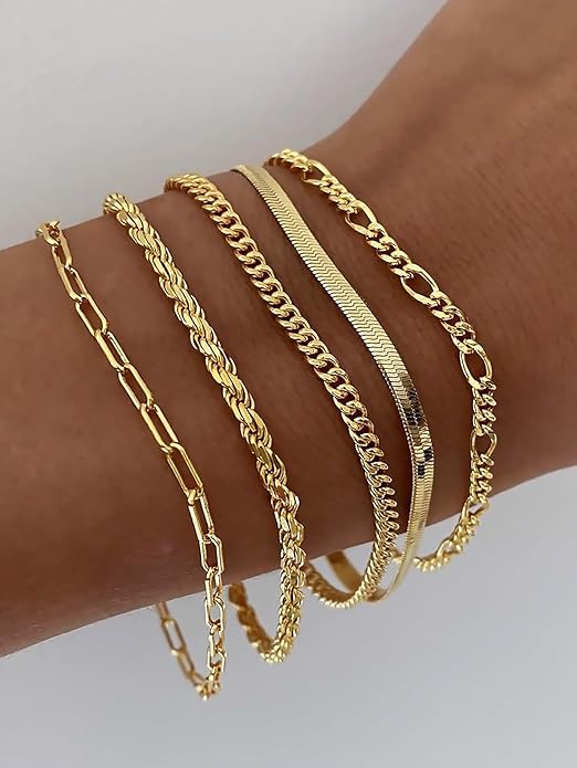DEARMAY Gold Bracelets for Women Waterproof, 14K Gold Plated Jewelry Sets Trendy Thin Dainty Stackable Cuban Link Paperclip Chain Bracelet Pack Fashion Accessories Gifts for Womens