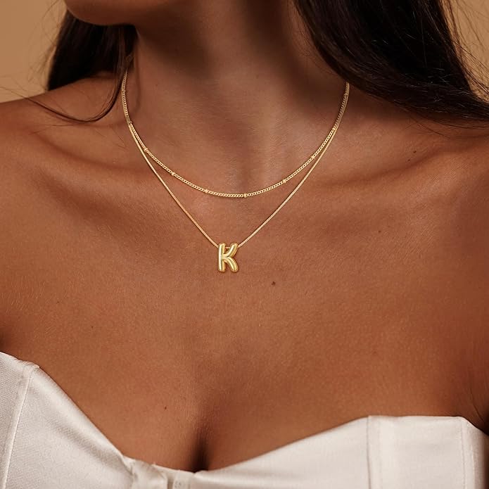 Initial 14K Gold Plated Necklaces for Women, Layered Bubble Letter A-Z Necklace Pendant Choker Necklaces for Women Trendy Monogram Name Necklace Personalized Jewelry for Women