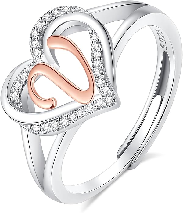 INFUSEU 925 Sterling Silver Initial Heart Ring for Women Girls, Adjustable Size