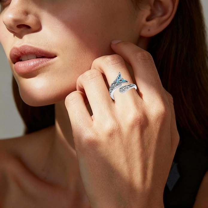VONALA Dragonfly/Butterfly/Tree of Life/Sunflower Ring for Women 925 Sterling Silver Adjustable Turquoise Ring Flower Antique Jewelry Gifts