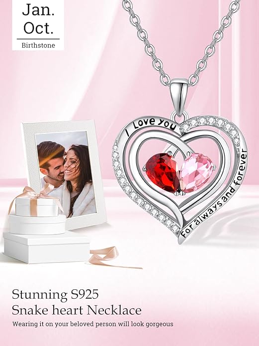 Valentine's Day Gifts for Wife 925 Sterling Silver Double Birthstone Pendant Necklaces I Love You for Always and Forever Necklace Anniversary Birthday Gifts for Wife Girlfriend Mom Her