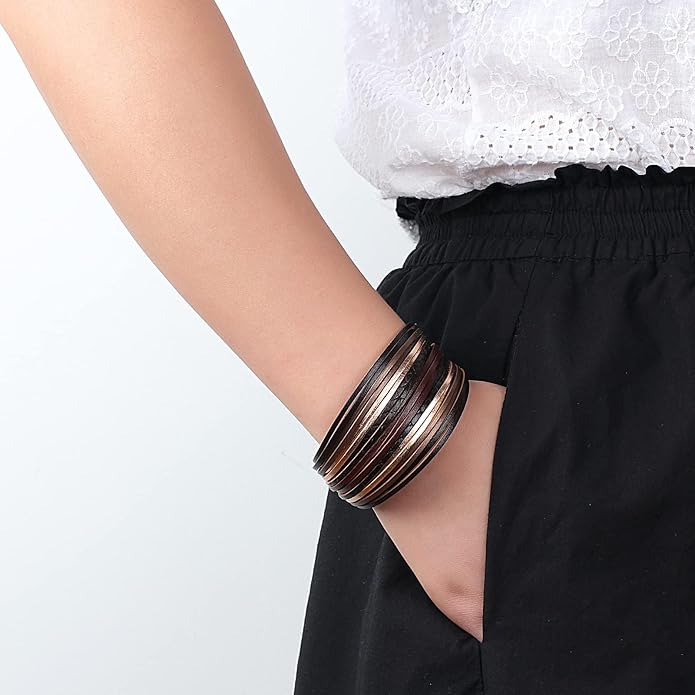 Fesciory Leather Wrap Bracelets for Women, Boho Leopard Multi-Layer Crystal Beads Cuff Bracelet Jewelry