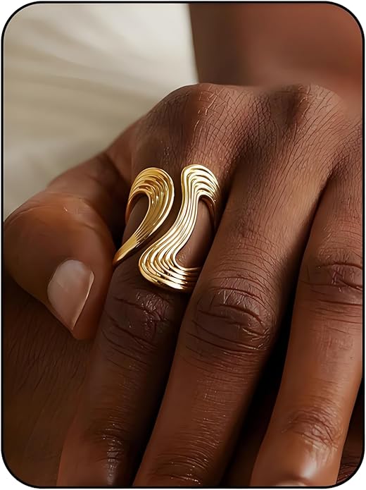 Chunky Rings For Women, Gold Silver Thumb Ring Asymmetrical Wavy Curve Ring Adjustable Non Tarnish Dainty Stainless Steel New Year Anniversary Birthday Jewelry Gift