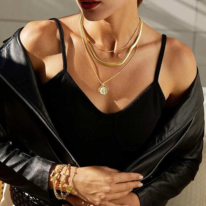 Dainty Layered Choker Necklace 18k gold Plated Y Pendant Commemorative coin Necklace Multilayer Bar Disc Necklace Adjustable Layering Choker Necklaces fashion jewelry for Women Girls