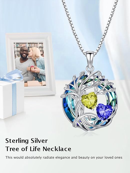 TOUPOP s925 Sterling Silver Family Celtic Tree of Life Pendant Necklaces with 2 Heart Birthstone with Blue Austrian Crystal Jewelry Birthday Valentines Day Gifts for Her, Anniversary Christmas Gifts for Wife Girlfriend Mom (18K Real White Gold Filled)