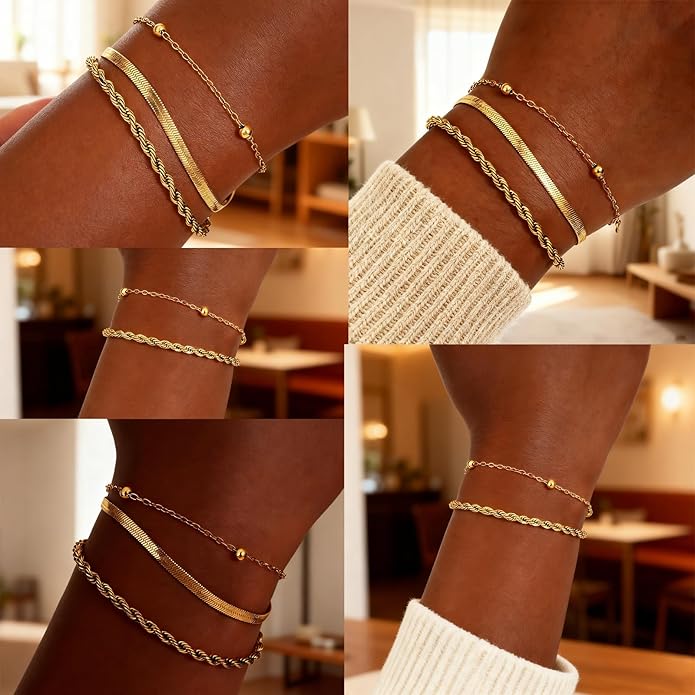 18K Gold Plated Bracelet Sets for Women Waterproof - Trendy Thin Dainty Stackable Cuban Link Paperclip Snake Twisted Chain Fashion Jewelry Accessories Gifts for Women