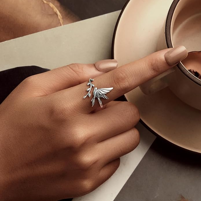 WOSTU Animal Open Adjustable Ring Playful Cat Dachshund Snake Koi Fish Hummingbird Bat Heart Feather Stacking Ring for Women, Sterling Silver Plated Pet Memorial Jewelry Gift for Cat Lovers