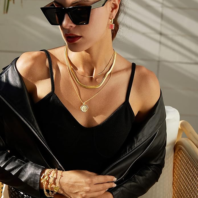 Dainty Layered Choker Necklace 18k gold Plated Y Pendant Commemorative coin Necklace Multilayer Bar Disc Necklace Adjustable Layering Choker Necklaces fashion jewelry for Women Girls