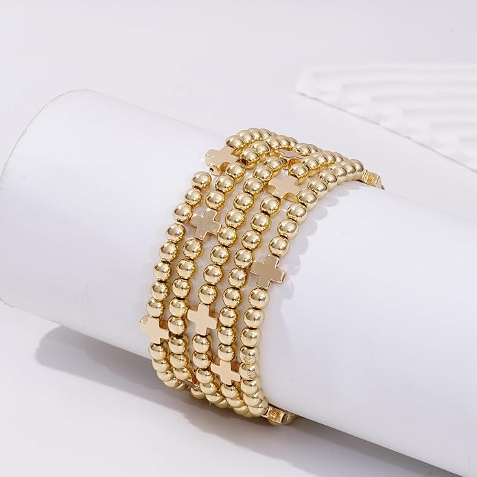 Gold Plated Beaded Bracelets for Women Trendy, 14K Gold Plated Stack Cross Pearl Gold Plated Bead Stretch Bracelets Set Elastic Hypoallergenic Bracelets Jewelry Gifts