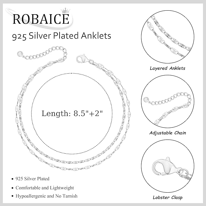Ankle Bracelets for Women, Glitter Waterproof Adjustable Anklet for Women, 14K Gold Plated/Sterling Silver Layered Anklets, Summer Beach Anklet Jewelry for Women Gift