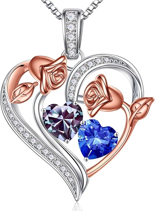 Iefil Valentines Day Gifts for Her - 925 Sterling Silver Rose Heart Necklace, Birthstone Jewelry, Anniversary Birthday Gifts for Wife Girlfriend Mom Daughter