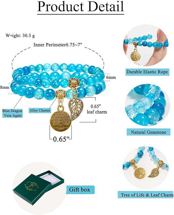 Bivei Natural Semi Precious Gemstone beads bracelet for women - Life Tree and Leaf Charm Energy Reiki Crystal Stretch Bracelets