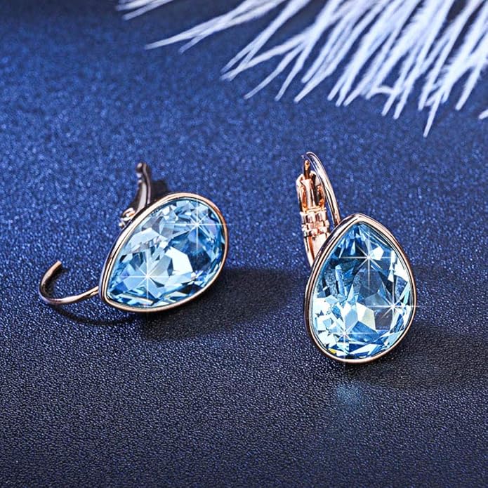 Teardrop Austrian Crystal Leverback Drop Earrings for Women 14K Rose Gold Plated Hypoallergenic Jewelry