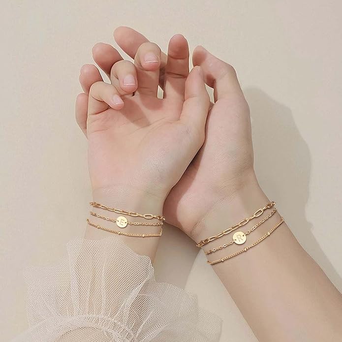 Valentines Day Gifts - Gold Initial Bracelets for Women - 18K Gold Plated over Stainless Steel Letter Charm Bracelet with Layered A to Z Design - Birthday Christmas Jewelry Gifts