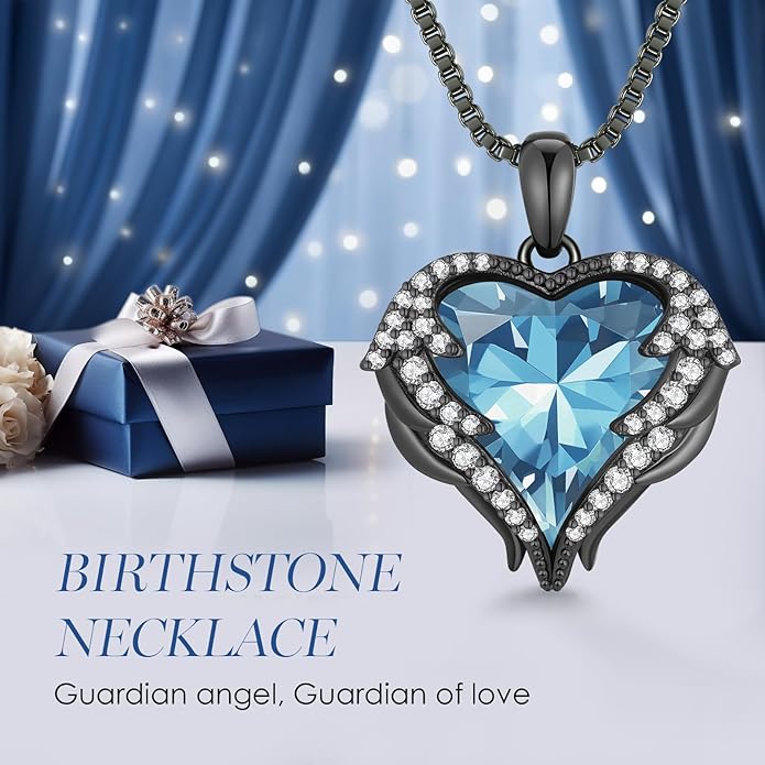 CDE Valentines Day Gifts for Women Angel Wings Necklace for Women with Birthstone, Love Heart Silver Tone/Gold Tone Pendant, Ideal Anniversary or Birthday Jewelry Gifts for Wife Girlfriend Her