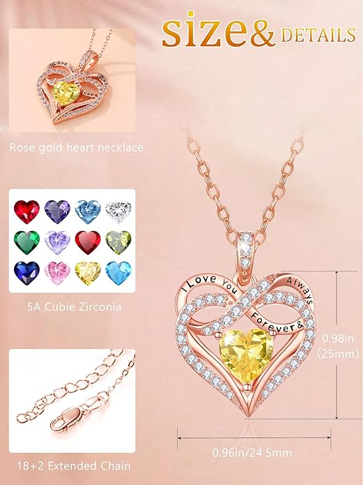 Infinity Rose Gold Valentines Heart Birthstone Necklace for Women,I Love You Always and Forever Jewelry,Valentines Anniversary Birthday Gifts for Her Wife Mom Grandma Daughter