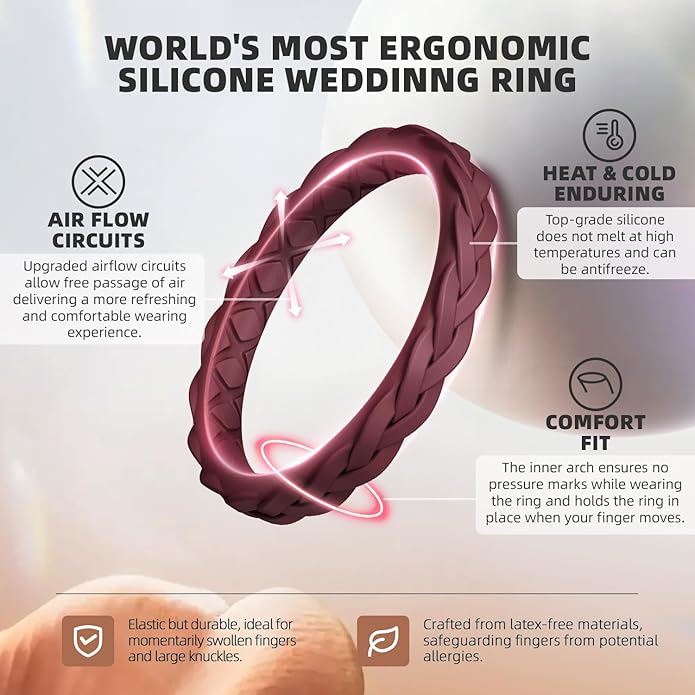 Egnaro Women's Wedding Bands, Silicone Thin and Stackable Rubber Engagement Ring, Variety Multipack With Breathable Grooves Workout Accessories