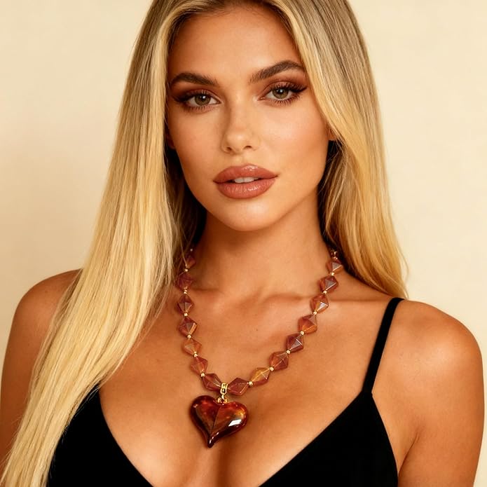 Large Acrylic Heart Necklaces for Women Chunky Puffy Heart Pendant Necklace Exaggerated Statement Love Beaded Choker Necklace Jewelry