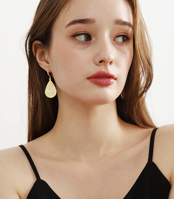 OZEL Gold Dangle Earrings for Women Brushed Finish, Matte Gold Statement Jewelry, 14k Gold Plated