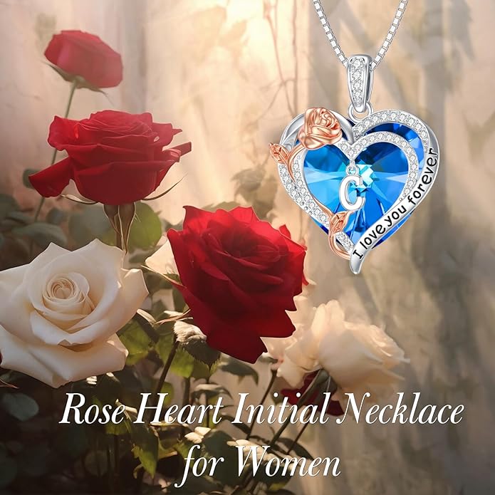 PELOVNY Rose Heart Initial Necklaces for Women S925 Sterling Silver Alphabet Letter Crystal Necklace Initial Pendant Jewelry Gifts for Mom Daughter Wife