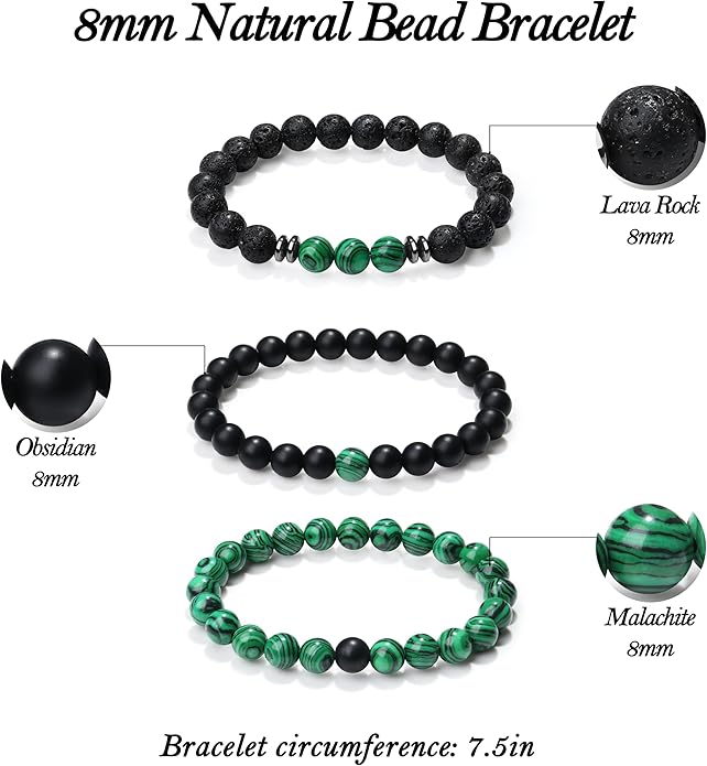 XIANNVXI Natural Stone Beads Bracelet for Men Crystal Bracelets 8MM Tiger Eye Lava Rock Obsidian Beaded Bracelet Set Black/Red/Blue Crystal Beaded Bracelets for Men