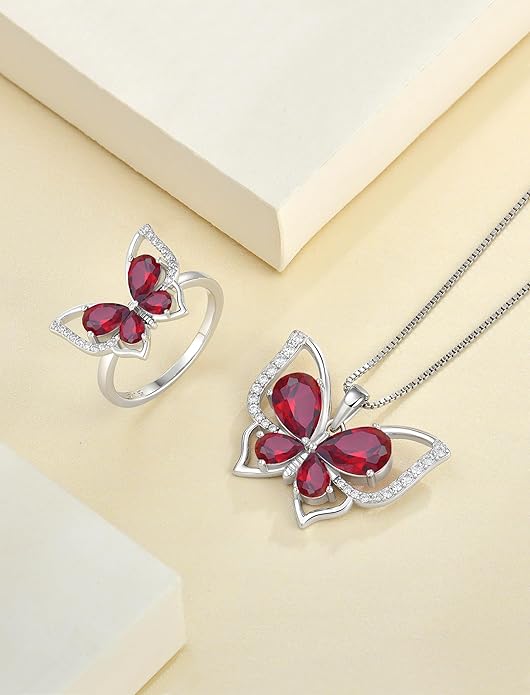 YL Women's Butterfly Necklace 925 Sterling Silver Flower Rose Pendant Birthstone Halo Jewelry