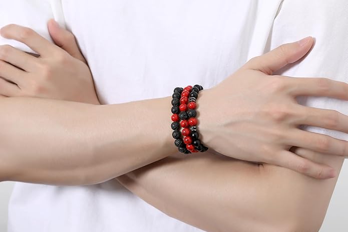 XIANNVXI Natural Stone Beads Bracelet for Men Crystal Bracelets 8MM Tiger Eye Lava Rock Obsidian Beaded Bracelet Set Black/Red/Blue Crystal Beaded Bracelets for Men
