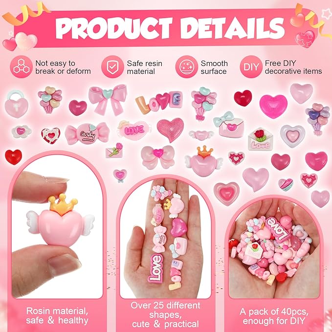 Giegxin 40 Pcs Pink Valentine's Day Resin Charm Love Heart Roses Bow Balloons Flatback Cabochon Accessories Cute Embellishment Bulk for Jewelry Cellphone Case Scrapbooking DIY