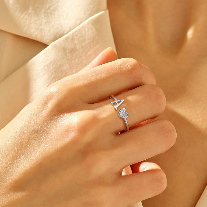 Valentines Day Gift Initial Rings for Teen Girls - S925 Heart Sterling Silver Rings for Teen Girls | 14K Gold/Rose Gold/Sterling Silver Plated Ring for Girls Kids Women Ring for Teenager Girls Gifts Adjustable, No Tarnish, Hypoallergenic