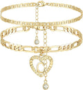 YANODA Initial Ankle Bracelets for Women 14K Gold Plated Layered Figaro Chain Letter Initial Anklets Handmade Layered Heart Ankle Bracelets Personalized Jewelry for Women