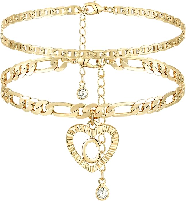 YANODA Initial Ankle Bracelets for Women 14K Gold Plated Layered Figaro Chain Letter Initial Anklets Handmade Layered Heart Ankle Bracelets Personalized Jewelry for Women