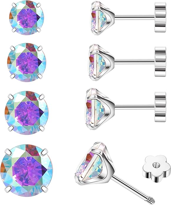 4Pairs AB Cubic Zirconia Earrings Studs Flat Back Earrings for Women 14K Gold CZ Flatback Stud Earrings Hypoallergenic Cartilage Nap Earrings