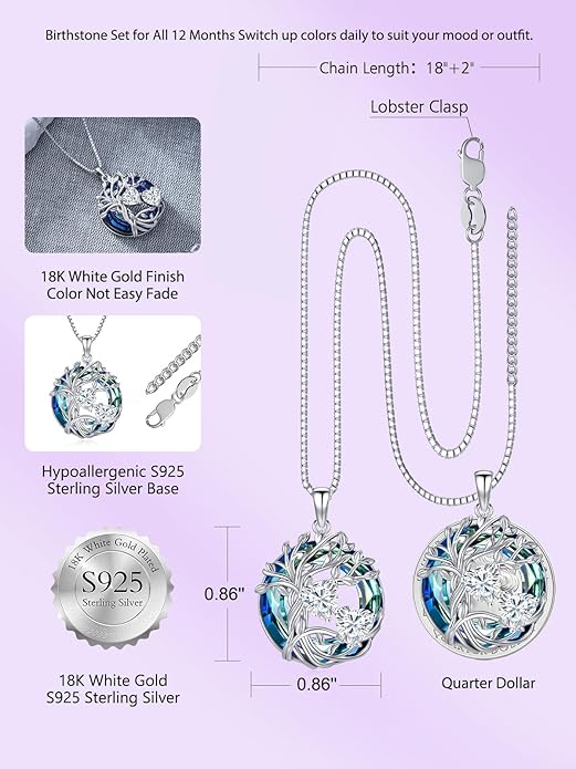 TOUPOP s925 Sterling Silver Family Celtic Tree of Life Pendant Necklaces with 2 Heart Birthstone with Blue Austrian Crystal Jewelry Birthday Valentines Day Gifts for Her, Anniversary Christmas Gifts for Wife Girlfriend Mom (18K Real White Gold Filled)