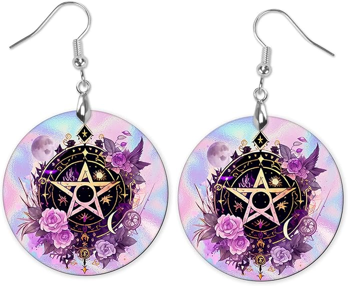 Round Wood Earrings Light Weight Printed Image Dangle Jewelry