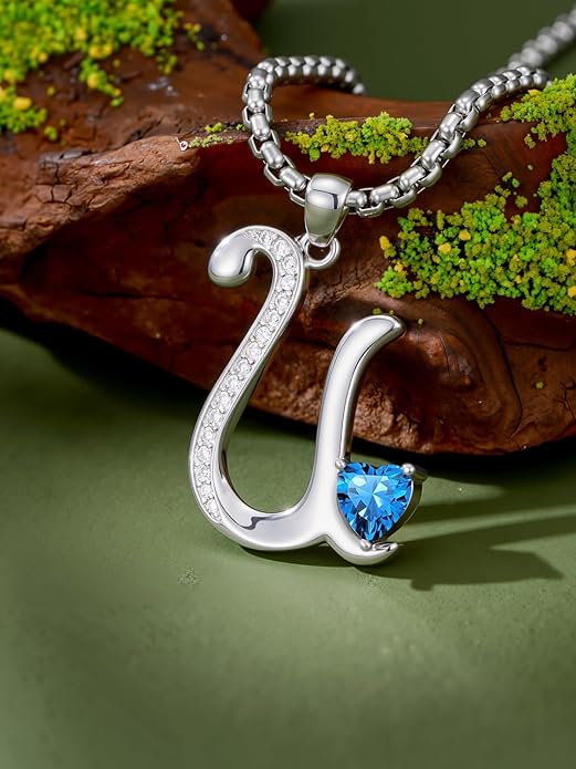 Valentines Day Gifts for Women Alphabet A to Z Initial Birthstone Pendant Necklaces for Women - 18k White Gold Plated Personalized Name Jewelry Valentine Mothers Day Birthday Gifts for Women Her Girlfriend