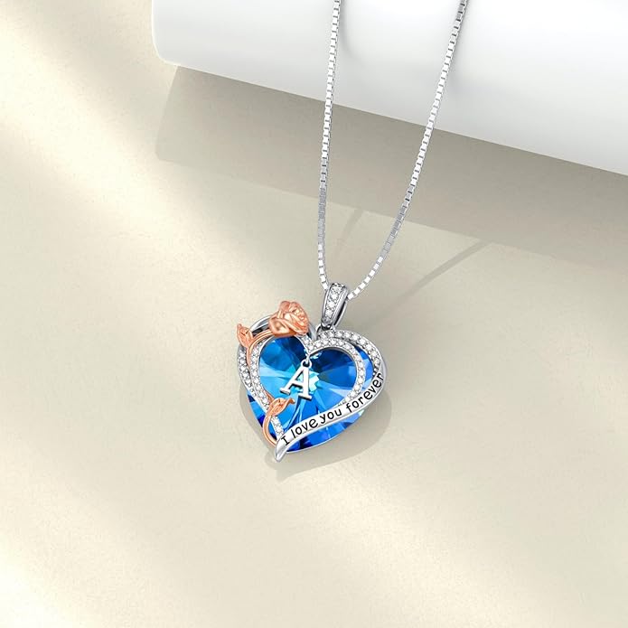 PELOVNY Rose Heart Initial Necklaces for Women S925 Sterling Silver Alphabet Letter Crystal Necklace Initial Pendant Jewelry Gifts for Mom Daughter Wife