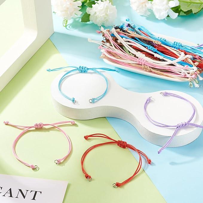 50 Pcs Adjustable Braided Cord Colorful Waxed Thread Half Finished Bracelet with Jump Rings for Wrist DIY Women Jewelry Making Friendship Fashion Bangle Accessory 14-28cm Long