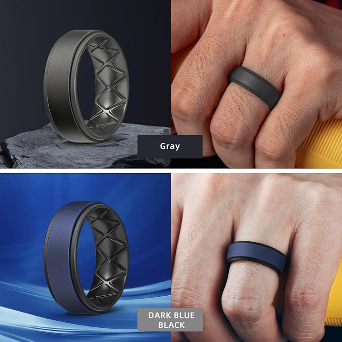 Egnaro Silicone Rings for Men 1/4/5/6/7 Multipack of Breathable Mens Silicone Rubber Wedding Rings Bands - Step Edge