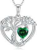 Tree of Life Necklaces for Women 925 Sterling Silver Heart Pendant Birthstone Necklace Created Gemstone Jewelry for Her, 18"+2"