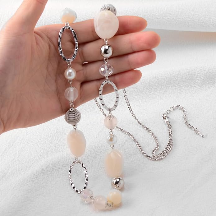 BULINLIN Beaded Long Necklace for Women Silver Sweater Chain Necklace with Crystal Resin Beads, Fashion Jewelry Necklace